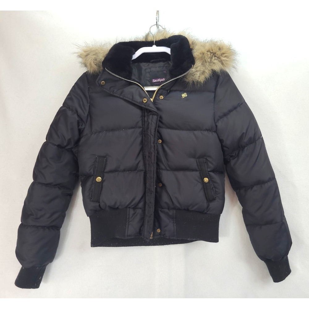 Vtg Y2K SouthPole Down Puffer Jacket Black Gold Hardware sz Med